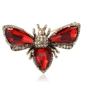 Vintage Ruby Red Gem Insect Brooch — Gold Tone